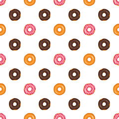Fototapeta premium Seamless pattern from glazed donuts. Print from sweet pastries for birthday, holiday and party. Vector flat illustration of dessert and food