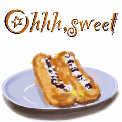 oh,coffee,sweet day,oh,sweets,eclair,cup with coffee drink,lettering,sugar stickers,coffee spoon,wooden stand for coffee cups and coffee spoons and sugar stickers