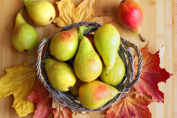 A basket of pears surrounded by colorful autumn leaves