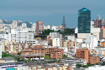 Panoramic and urban landscape of the city of Manizales and blue sky. Manizales, Caldas, Colombia.