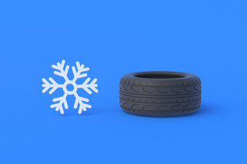 Winter tire near snowflake. Replacement, storage and maintenance of car parts. Tire fitting services. Snow traffic safety. High, low quality automotive details for cold season. 3d render