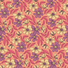 Fototapeta na wymiar Seamless pattern with flowers in pastel pink colors. Retro floral pattern with large flowers and leaves. Contour drawing, vector botanical illustration.