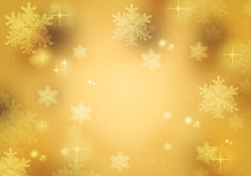 Christmas lights gold winter background with snowflakes.