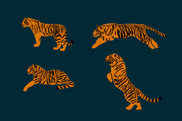 Fototapeta na wymiar Set with wild tigers. Illustration of the symbol of 2022 in different poses for design. Happy New Year. Animals, striped, red on a dark background. Vector illustration