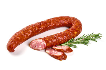 Traditioanal air dried sausage, isolated on white background.