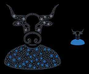 Glossy polygonal mesh web bull boss icon with glitter effect on a black background. Network bull boss iconic vector with glitter points in bright colors.