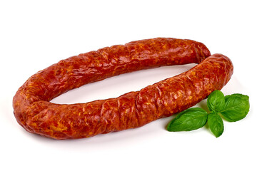 Smoked sausage circle, isolated on white background.