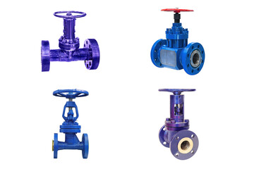 four valves of various designs with manual control for a gas pipeline on a white background