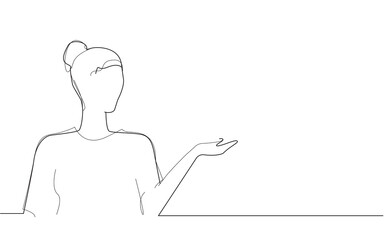 Woman presenter with hand isolated on white background. Woman presenter for product, ad, marketing, presentation materials and advertising. Creative modern concept, vector illustration