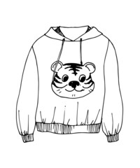 Warm hoodie with tiger print. Winter stylish clothes for girls. Casual style set. Vector hand drawn illustration