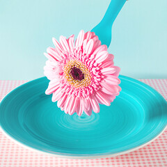 Pink Flower Gerber on pastel square background. Minimal concept for diet, healthy eating and romantic dating.