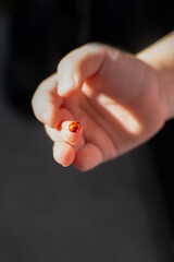 A ladybug sits on the hand of a small child, on the palm of the hand with an insect the bright sunbeams of the sun