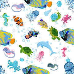 Marine life, fish, animals bright seamless pattern. sea travel, underwater diving animal tropical fish. Jellyfish, whale, shark, seahorse, clown fish, dolphin, turtle, emperor