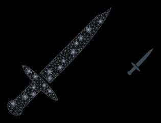 Fototapeta na wymiar Glossy polygonal mesh web blade knife icon with glitter effect on a black background. Network blade knife iconic vector with illuminated dots in bright colors.