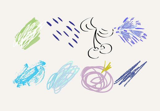 Set of Artistic Hand Drawn Fruits Flowers and Scribbles