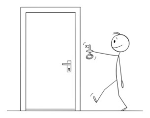 Locked Door, Person Bringing Key, Concept of Problem and Solution, Vector Cartoon Stick Figure Illustration