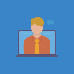 Businessman communications from laptop monitor. Flat design.