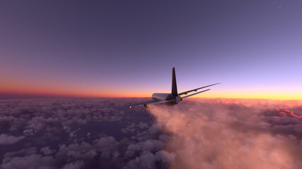 Commercial plane flying over clouds with dramatic sunset. 4K image. Fast travel and transport...