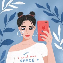 Young girl making selfie in a mirror. Colorful illustration