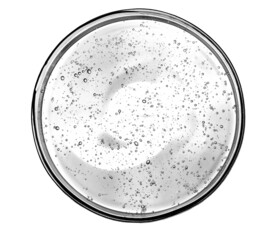 Gel with hyaluronic acid. White background with oxygen bubbles. Cosmetic gel in a petri dish