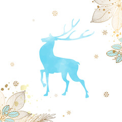 Gold square frame with a deer and branches of berries and flowers with snowflakes. White background and place for text. Can be used on social media. Vector illustration.