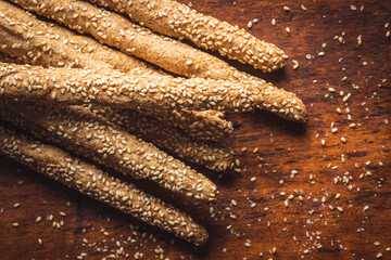 Breadsticks grissini. Bread sticks with sesame seeds.