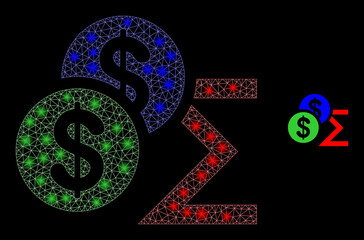 Glossy polygonal mesh net dollar sum icon with glitter effect on a black background. Network dollar sum iconic vector with flash spheres in magic colors.