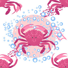 Crab marine life, fish, animals bright seamless patterns. sea travel, snorkeling with animals, tropical fish.