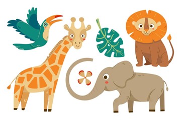 Fototapeta na wymiar Jungle cute animals set for kids. Vector cartoon africa safari wild animals collection isolated on white background