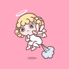 cute cartoon angel ejected with his fart. vector illustration for mascot logo or sticker