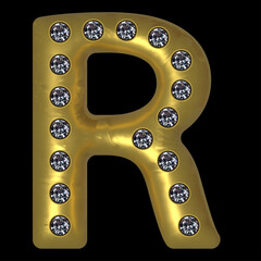 Gold letter with inlaid precious stones. Letter R.