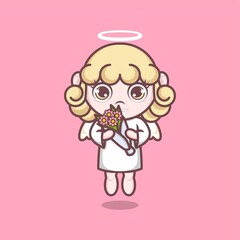 cute cartoon angel holding flower. vector illustration for mascot logo or sticker