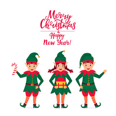 Cheerful elves hold a lollipop and a gift. Greeting card for Christmas and New Year