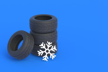 Winter tires near snowflake. Replacement, storage and maintenance of car parts. Tire fitting services. Snow traffic safety. High, low quality automotive details for cold season. Copy space. 3d render