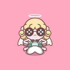 cute cartoon angel playing game with joystick. vector illustration for mascot logo or sticker