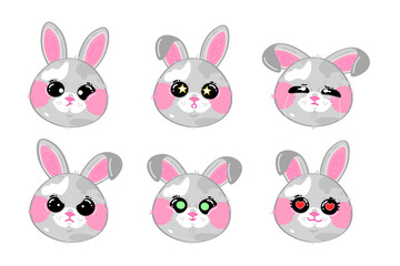 Set of cute hare face with different emotions.Vector flat cartoon kawaii character illustration icon. Cartoon cute hare character icon set