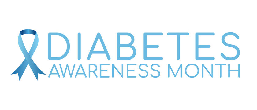 Diabetes Awareness Month banner. Blue awareness ribbon and text. .