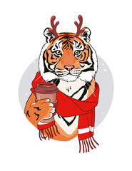Christmas card with tiger in deer horns and a cup of coffee