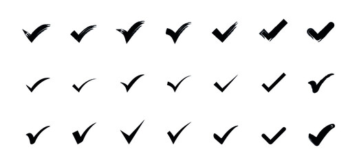 Check mark icons set, checklist signs, approval badge. Black vector symbols, vector illustration isolated on a white background.
