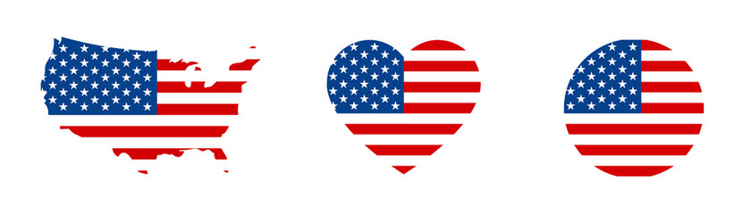USA flag icons set in the shape of heart, circle and map. American flag. US flat vector