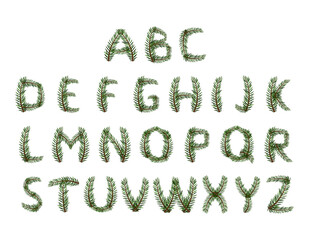 Alphabet from green Christmas tree branches. Festive font, symbol of happy New Year and Christmas, sign and letters of different shapes