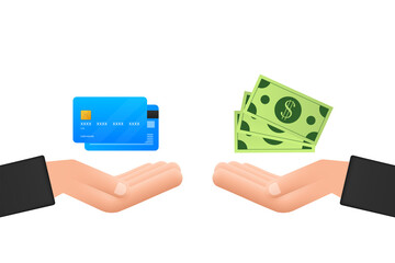 Hands holding credit plastic card and money bills. Transactions, investments and cash turnover. Vector stock illustration.
