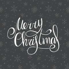 Merry Christmas. White Handwritten lettering with snowflakes on a dark gray background. Seamless pattern. New Year 2022.