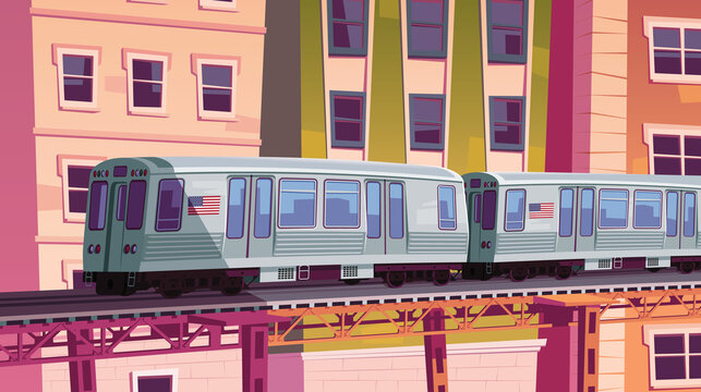 Metro train on Chicago street vintage cityscape vector illustration