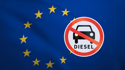 Flag of European Union with the sign of Diesel fuel ban