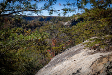 A view towards rocks in Red River Gorge hiking area close to Indian Staircase point in central Kentucky