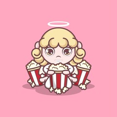 cute cartoon angel with popcorn. vector illustration for mascot logo or sticker
