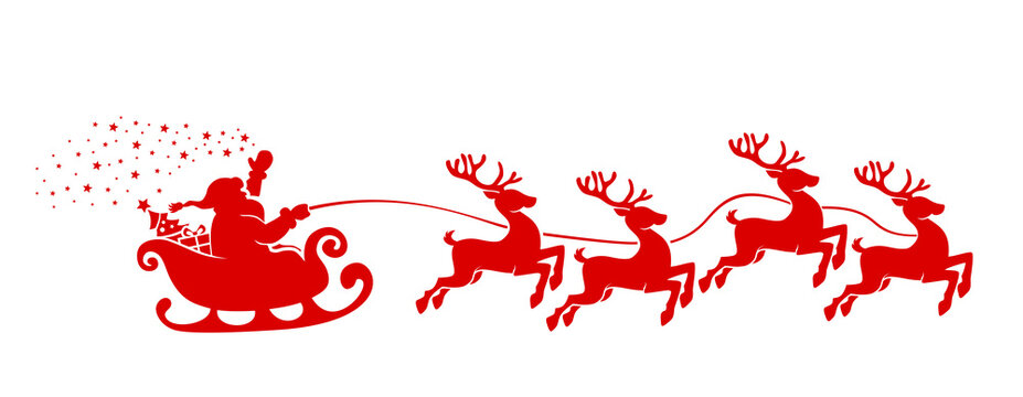 Santa Claus Silhouette in sleigh full of gifts with reindeers. Merry christmas and Happy new year decoration. Vector on transparent background