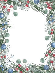 Merry Christmas banner and Winter green leaves, eucalyptus and red, blue berries decoration illustration. Christmas background graphic. For invitation card, congratulations, winter card.