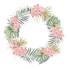 Jungle wreath with plumeria, monstera, palm leaves. Watercolor hand drawn. Frame isolated on white background. For postcard, poster, background, invitation card, congratulation card.